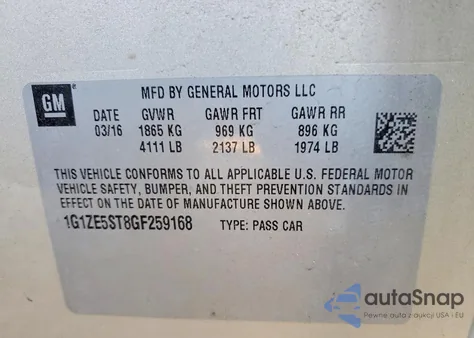 2016 Chevrolet Malibu Lt z USA, uszkodzony, nr VIN 1G1ZE5ST8GF259168